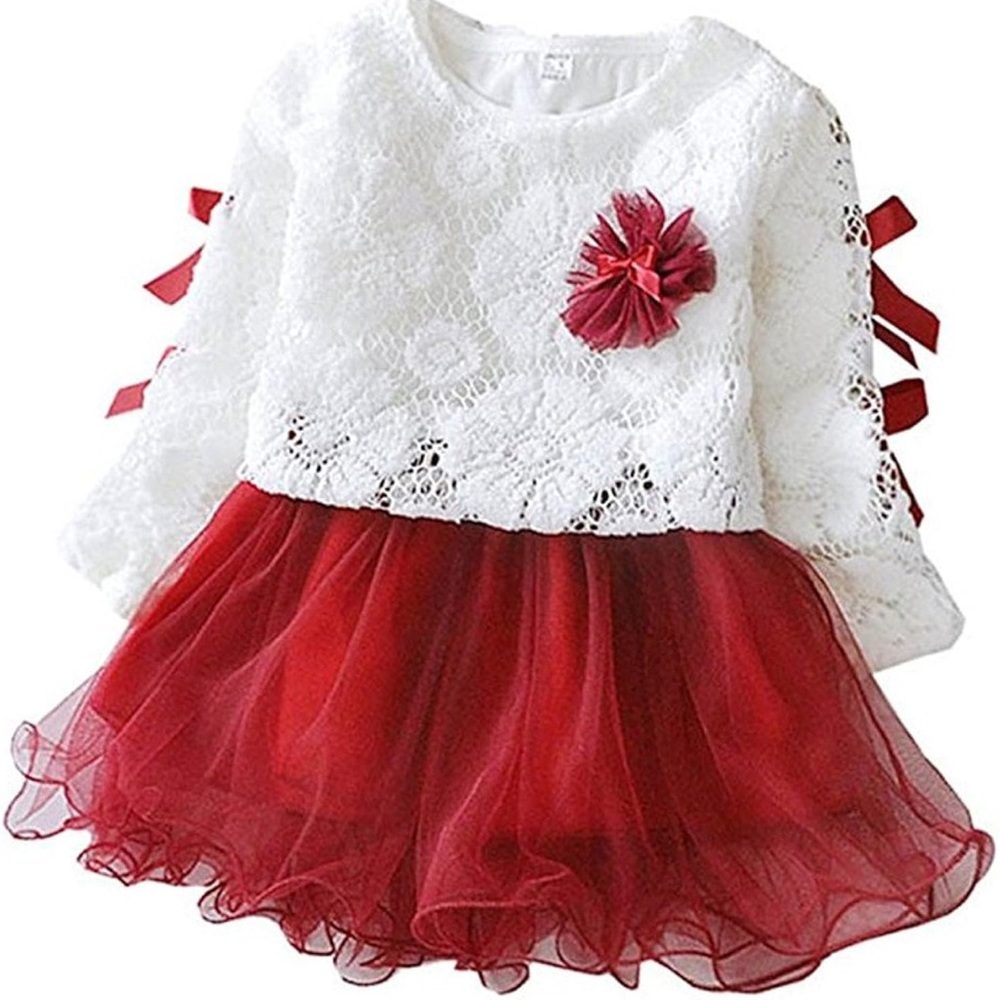 White Lace Top with Red Tulle Skirt Dress